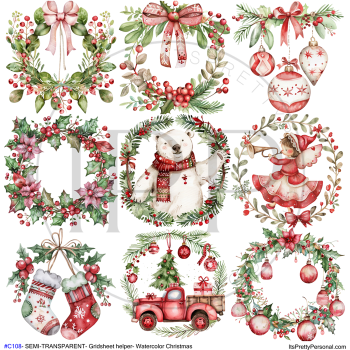 #C108- SEMI-TRANSPARENT Grid Sheet Helper- Watercolor Christmas -12x12 Pattern Vinyl