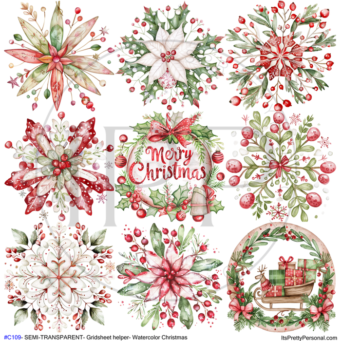 #C109- SEMI-TRANSPARENT Grid Sheet Helper- Watercolor Christmas -12x12 Pattern Vinyl
