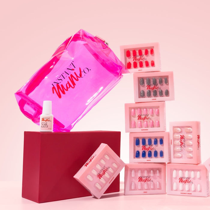 Instant Mani Co Cosmetic Case with Instant Mani Co press on nails next to it