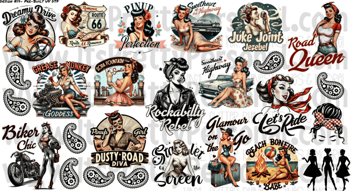 DESIGN #14- Pinup Girls UV DTF Decal Gang Sheet 22"x12"