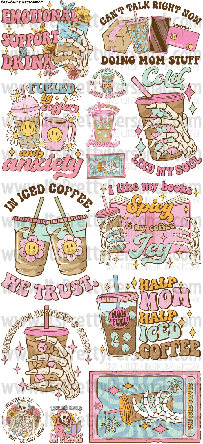 DESIGN #29- Ice Coffee DTF Gang Sheet 22"x48" (Fabric Transfers)