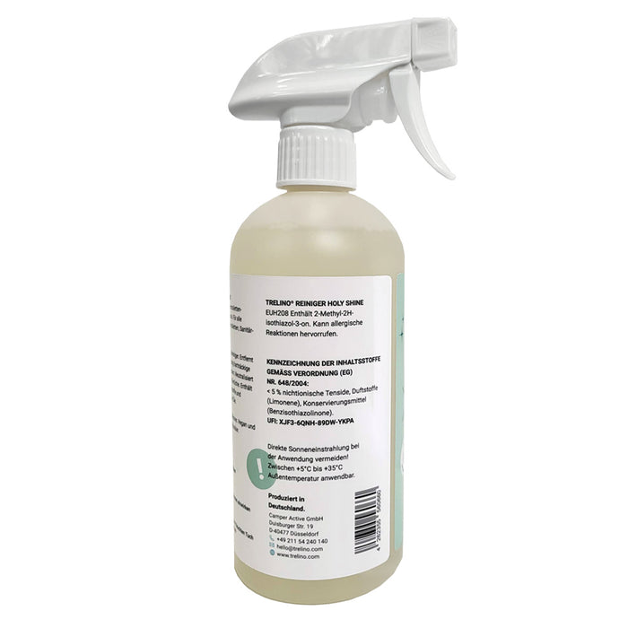 Eine Plastiksprühflasche mit Trenntoiletten Reiniger mit deutschem Produktinformationsetikett.