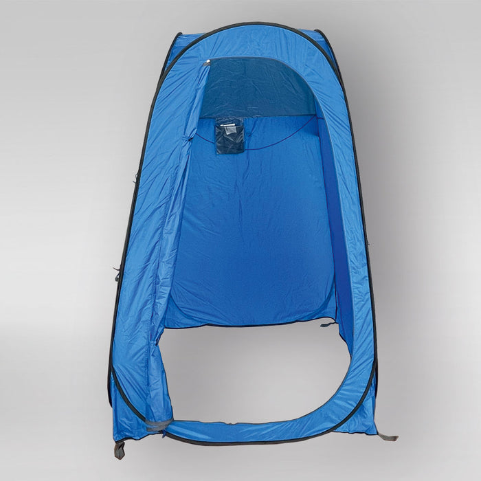 Blaues Pop Up-Toilettenzelt mit offener Front und kleinem Fenster an der Oberseite.