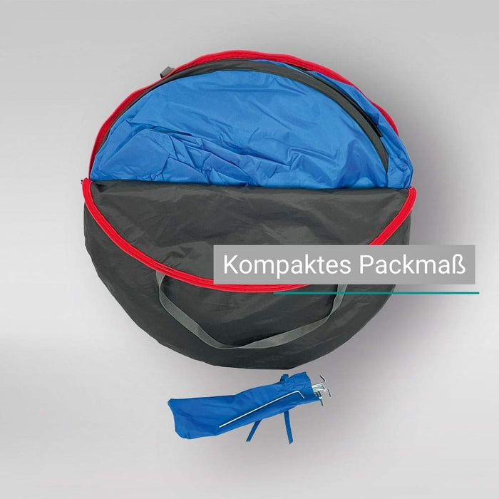 Eine gefaltete blaue Duschkabine in einer kompakten schwarzen Tasche mit rotem Reißverschluss und Textaufdruck.