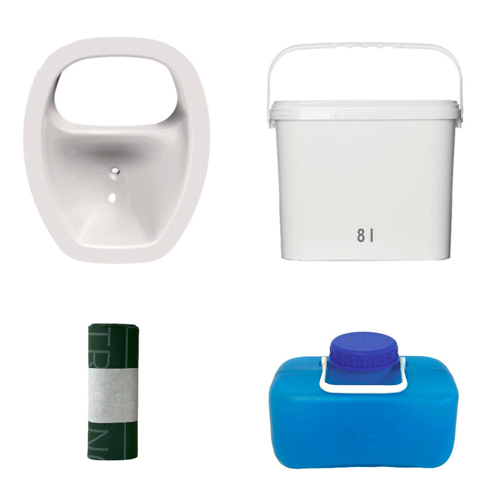 Produktbild mit Badezimmerzubehör, Wasserbehälter, Abfallbeutel und Waschbecken.