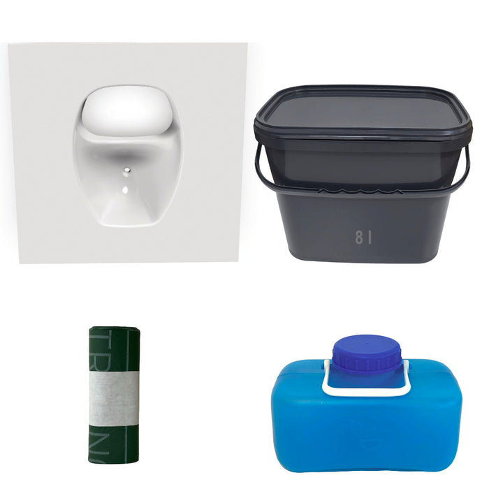 Toilette, Abfalleimer, Müllbeutel, Wasserbehälter.