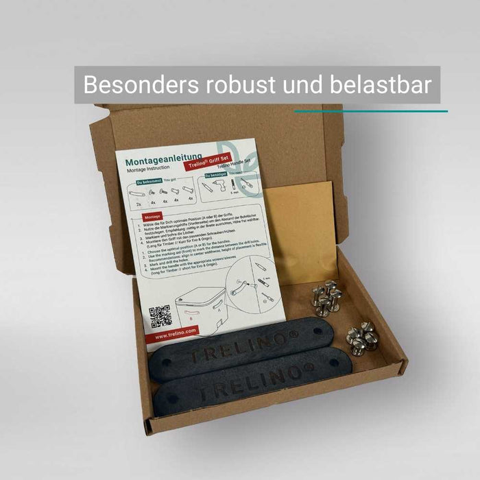 Geöffneter Karton mit Montageanleitung, Metallverschlüssen und zwei TRELiNO robuste Ledergriffe.