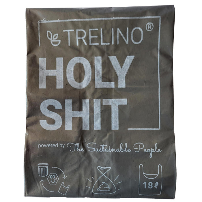Brauner Beutel für Trelino Trenntoiletten, beschriftet mit Holy Shit, 18L Fäkalienbeutel.